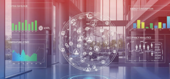 Graphics Of An AI Driven BMS System Overlaid On An Office Building Emphasising The Benefits Of Integration With Airius Destratification Fan Systems