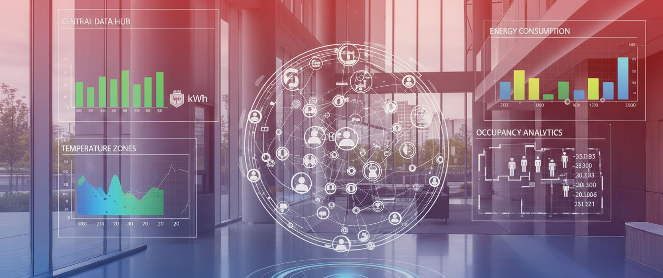 Graphics Of An AI Driven BMS System Overlaid On An Office Building Emphasising The Benefits Of Integration With Airius Destratification Fan Systems